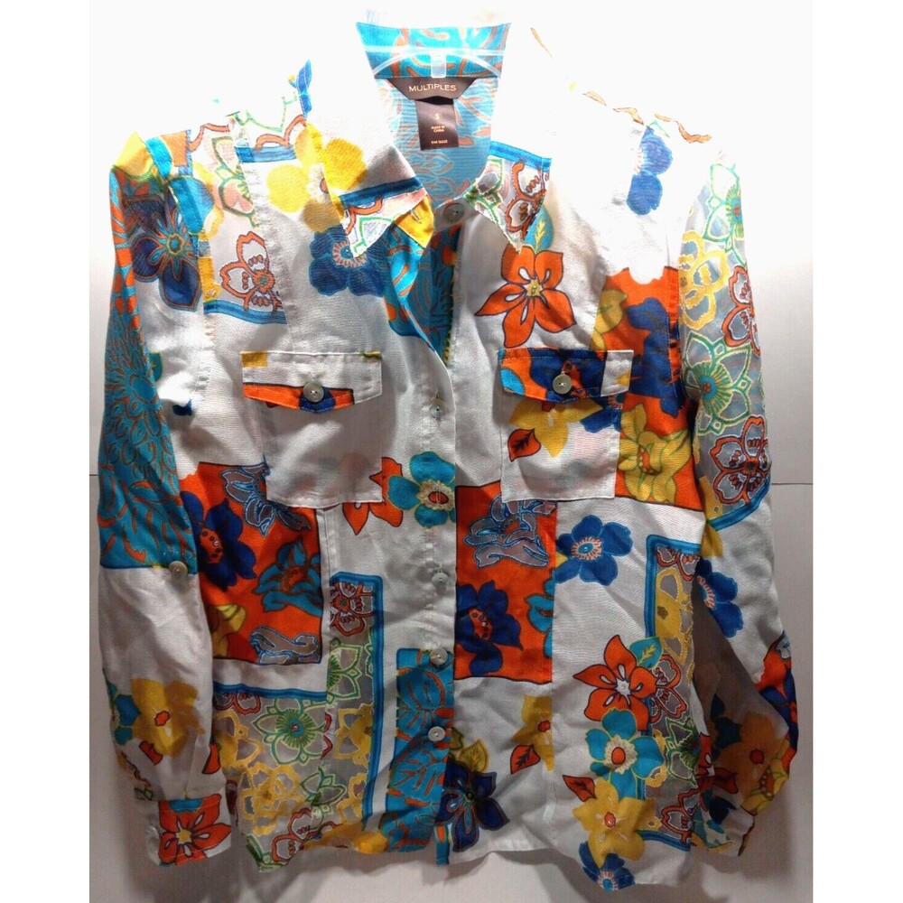 Multiples Small Sheer Bright Floral Button Front Blouse Pockets Roll Tab Sleeves